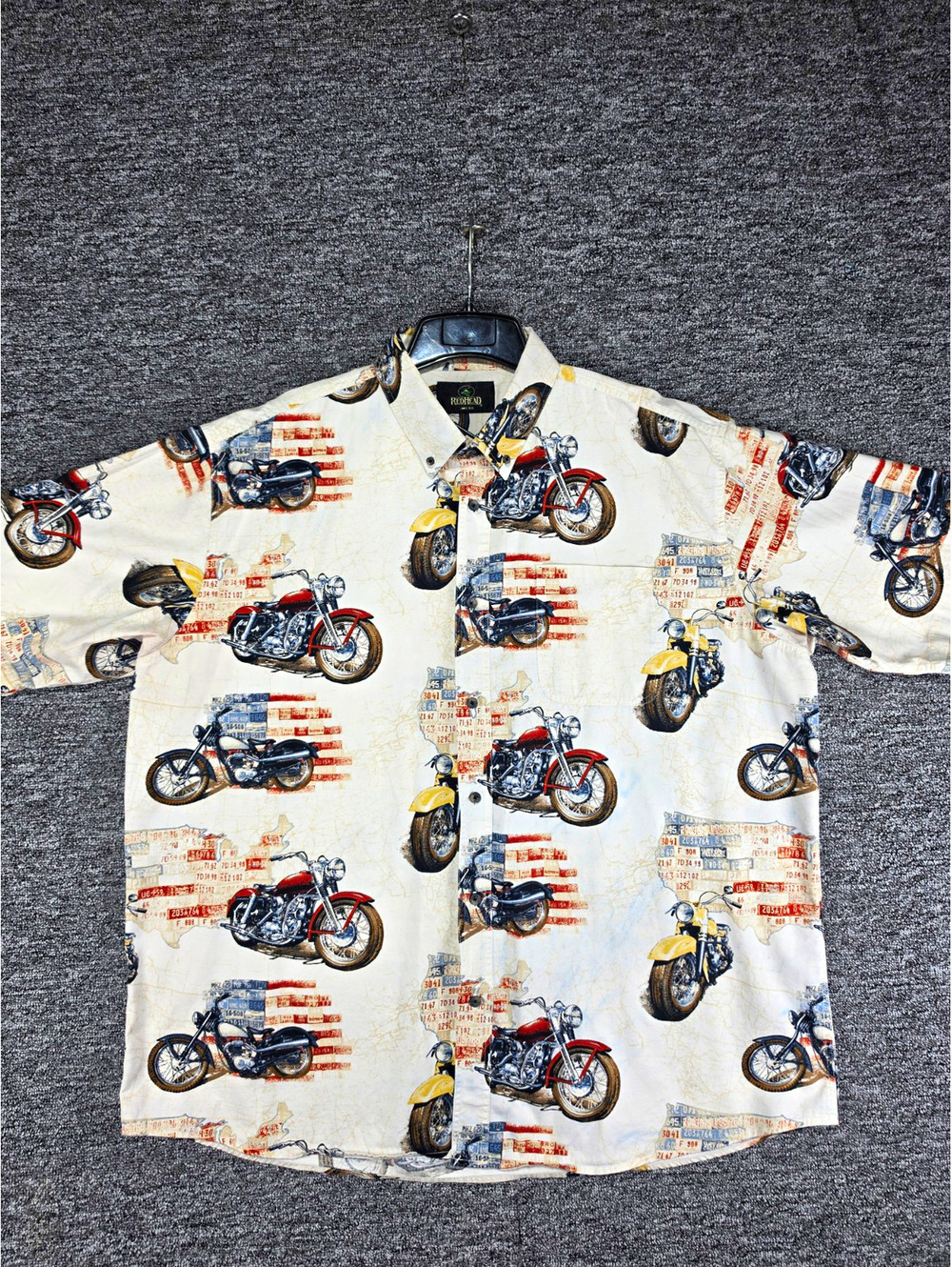 RedHead Men's 2XL White Graphic Motorcycle USA Short Sleeve Button-Up Shirt